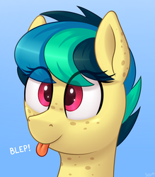 Size: 1750x2000 | Tagged: safe, anonymous artist, derpibooru exclusive, oc, oc only, oc:apogee, pegasus, pony, :p, blue background, bust, cute, eye clipping through hair, female, freckles, ocbetes, portrait, silly, simple background, smiling, solo, tongue out