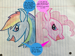 Size: 1639x1212 | Tagged: safe, artist:asiandra dash, edit, pinkie pie, rainbow dash, pony, fanfic:cupcakes, fanfic:rainbow factory, g4, colored pencil drawing, evil, lined paper, marker outline, rainbow factory dash, speech bubble, traditional art