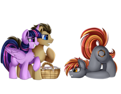 Size: 3300x2550 | Tagged: safe, artist:pridark, doctor whooves, time turner, twilight sparkle, oc, alicorn, earth pony, pony, g4, female, high res, mare, picnic blanket, simple background, smiling, transparent background, twilight sparkle (alicorn)