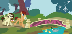 Size: 8889x4274 | Tagged: safe, artist:dragonchaser123, oc, oc only, oc:dragon chaser, oc:iron hammer, duck, pony, absurd resolution, bridge, couple, duckling, park, park background, picnic, scenery