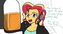 Size: 956x511 | Tagged: safe, artist:jargon scott, sunset shimmer, equestria girls, equestria girls series, g4, game stream, spoiler:eqg series (season 2), dialogue, female, gamer girl pee, gamer sunset, headset, implied urine, implied watersports, looking at you, solo, talking to viewer