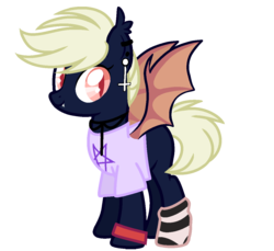 Size: 1200x1098 | Tagged: safe, artist:hudgie, oc, oc only, oc:sketchy fang, bat pony, pony, bat pony oc, blank flank, clothes, cross, ear piercing, earring, female, fishnet clothing, inverted cross, jewelry, looking at you, mare, pentagram, piercing, shirt, simple background, socks, solo, striped socks, t-shirt, transparent background, wristband