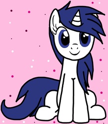 Size: 927x1063 | Tagged: artist needed, safe, oc, oc only, oc:mysza, pony, unicorn, abstract background, blue eyes, blue mane, cute, female, horn, looking at you, mare, ocbetes, simple background, sitting, smiling, solo, white fur