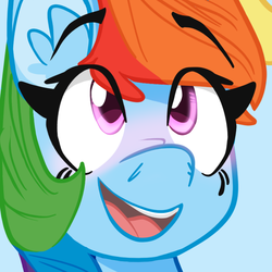 Size: 784x784 | Tagged: safe, artist:zvn, derpibooru exclusive, rainbow dash, earth pony, pegasus, pony, g4, blue background, blushing, bust, cute, dashabetes, female, head only, mare, open mouth, portrait, simple background, smiling, solo