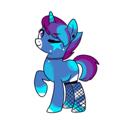 Size: 2707x2622 | Tagged: safe, artist:bellatwix, oc, oc only, oc:starry blues, pony, unicorn, choker, ear piercing, earring, eyebrows, eyebrows visible through hair, female, fishnet stockings, high res, jewelry, looking at you, mare, markings, multicolored hair, one eye closed, piercing, raised hoof, smiling, solo, wink