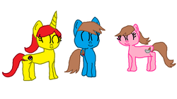 Size: 929x524 | Tagged: safe, artist:nightshadowmlp, oc, oc only, oc:cherry cookie, oc:court case, oc:game point, earth pony, pony, unicorn, female, male, mare, old art, old design, smiling, stallion