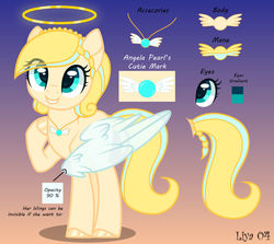 Size: 1024x914 | Tagged: safe, artist:liya04, artist:nocturnal-moonlight, oc, oc only, oc:angela pearl, angel, angel pony, pegasus, pony, base used, beautiful, braid, cute, female, gradient background, gradient eyes, grin, halo, heart eyes, jewelry, looking up, mare, necklace, ocbetes, pretty, raised hoof, reference sheet, smiling, solo, wingding eyes