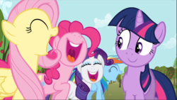 Size: 1669x940 | Tagged: safe, screencap, fluttershy, pinkie pie, rainbow dash, rarity, twilight sparkle, earth pony, pegasus, pony, unicorn, g4, the super speedy cider squeezy 6000, apple tree, cheering, female, group, line-up, mare, open mouth, smiling, tree, unicorn twilight