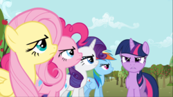 Size: 1668x938 | Tagged: safe, screencap, fluttershy, pinkie pie, rainbow dash, rarity, twilight sparkle, earth pony, pegasus, pony, unicorn, g4, the super speedy cider squeezy 6000, apple tree, female, group, line-up, mare, narrowed eyes, serious, serious face, tree, unicorn twilight