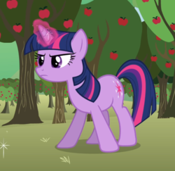 Size: 841x816 | Tagged: safe, screencap, twilight sparkle, pony, unicorn, g4, the super speedy cider squeezy 6000, apple tree, cropped, female, glowing horn, horn, mare, solo, tree, unicorn twilight