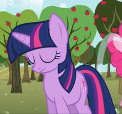 Size: 839x787 | Tagged: safe, screencap, pinkie pie, twilight sparkle, earth pony, pony, unicorn, g4, the super speedy cider squeezy 6000, apple, apple tree, cropped, crying, eyes closed, female, food, mare, offscreen character, sad, solo focus, tree, unicorn twilight