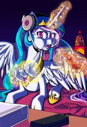 Size: 1401x2048 | Tagged: safe, artist:princrim, princess celestia, alicorn, pony, g4, bed, bubble, coke, controller, eating, female, food, gamer celestia, headphones, hoof shoes, jewelry, levitation, looking at you, magic, mare, meat, open mouth, pepperoni, pepperoni pizza, peytral, pizza, playing, ponies eating meat, prone, puffy cheeks, shrunken pupils, soda, solo, sparkles, spread wings, telekinesis, tiara, wing fluff, wings, xbox 360, xbox 360 controller