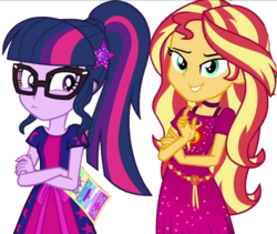 Size: 2048x1730 | Tagged: safe, artist:php77, edit, edited screencap, editor:php77, screencap, sci-twi, sunset shimmer, twilight sparkle, equestria girls, equestria girls series, g4, spring breakdown, spoiler:eqg series (season 2), background removed, clothes, cropped, dress, duo, duo female, female, geode of empathy, geode of fauna, geode of shielding, geode of sugar bombs, geode of super speed, geode of super strength, geode of telekinesis, glasses, magical geodes, not a vector, ponytail, simple background, transparent background