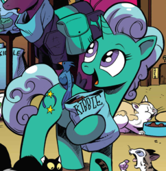 Size: 860x890 | Tagged: safe, artist:andypriceart, idw, official comic, glitter drops, tempest shadow, bird, cat, pony, unicorn, g4, spoiler:comic, spoiler:comic67, animal, cat food, cropped, cute, female, hoof hold, hoof shoes, mare, pet bowl, saddle bag, tempest's tale