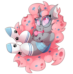Size: 2767x2800 | Tagged: safe, artist:nekosnicker, oc, oc only, oc:patchwork pawprint, changeling, adorkable, belly, changeling oc, clothes, cute, dork, female, fluffy, glasses, heart, high res, holding, looking up, mare, nom, ocbetes, paw prints, simple background, smiling, socks, solo, spots, transparent background