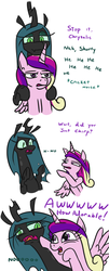 Size: 483x1200 | Tagged: safe, artist:jargon scott, princess cadance, queen chrysalis, alicorn, changeling, changeling queen, pony, g4, awww, bugs doing bug things, changeling noises, chirp, chirping, comic, cute, cute bug noises, cutealis, cutedance, descriptive noise, dialogue, duo, embarrassed, eye shimmer, female, laughing, mare, simple background, starry eyes, teasing, white background, wingding eyes