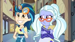 Size: 669x372 | Tagged: artist needed, source needed, safe, edit, indigo zap, sugarcoat, equestria girls, g4, my little pony equestria girls: friendship games