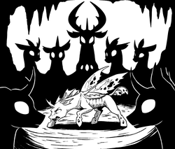 Size: 1406x1200 | Tagged: safe, artist:28gooddays, thorax, oc, oc:vertexthechangeling, changedling, changeling, g4, black and white, fanfic art, grayscale, king thorax, monochrome, quadrupedal, silhouette, surrounded, the tables have turned