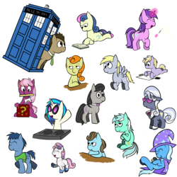 Size: 5000x5000 | Tagged: safe, artist:replaymasteroftime, amethyst star, beauty brass, blues, bon bon, carrot top, derpy hooves, dinky hooves, dj pon-3, doctor whooves, golden harvest, hoity toity, lyra heartstrings, noteworthy, octavia melody, sparkler, sweetie belle, sweetie drops, time turner, trixie, vinyl scratch, earth pony, pegasus, pony, unicorn, g4, absurd resolution, doctor who, eyes closed, female, filly, male, mare, stallion, tardis, the doctor
