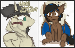 Size: 1878x1204 | Tagged: safe, artist:marsminer, oc, oc only, oc:blink, oc:keith, bat pony, pony, unicorn, bat pony oc, smelly