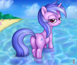 Size: 1280x1081 | Tagged: safe, alternate version, artist:celsian, daisy, derpy hooves, doctor whooves, flower wishes, sea swirl, seafoam, time turner, twinkleshine, pony, unicorn, g4, beach, bedroom eyes, butt, dock, female, looking at you, looking back, looking back at you, mare, ocean, plot, solo focus