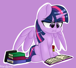 Size: 605x548 | Tagged: safe, artist:zeroponycreations, twilight sparkle, alicorn, pony, g4, book, bookhorse, cute, eye clipping through hair, female, mare, missing cutie mark, purple background, simple background, sitting, solo, spread wings, starry eyes, twiabetes, twilight sparkle (alicorn), wingding eyes, wings