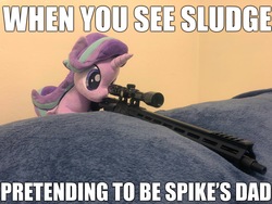 Size: 4032x3024 | Tagged: safe, artist:nekokevin, artist:yaop, edit, starlight glimmer, pony, unicorn, series:nekokevin's glimmy, father knows beast, g4, ar-15, caption, female, gun, image macro, implied sludge, implied spike, irl, leaning, mare, meme, photo, plushie, rifle, scope, smiling, snipelight glimmer, solo, text, weapon