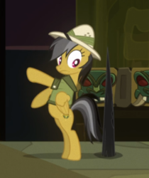Size: 585x696 | Tagged: safe, screencap, daring do, pony, g4, read it and weep, bipedal, cropped, female, solo, spikes, wide eyes