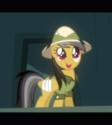 Size: 840x938 | Tagged: safe, screencap, daring do, pegasus, pony, g4, read it and weep, balcony, bandage, bandaged wing, clothes, cropped, cute, daring dorable, eye shimmer, female, happy, hat, letterboxing, looking up, mare, open mouth, pith helmet, shirt, smiling, solo