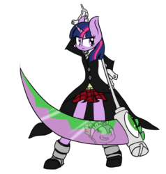 Size: 744x782 | Tagged: safe, artist:zeroponycreations, spike, twilight sparkle, anthro, g4, boots, clothes, cosplay, costume, crossover, female, maka albarn, makalight albarn, necktie, plaid skirt, pleated skirt, scythe, shoes, simple background, skirt, solo, soul eater, soulpike evans, transparent background