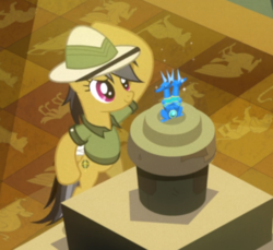 Size: 765x700 | Tagged: safe, screencap, daring do, pony, g4, read it and weep, bipedal, clothes, cropped, female, hat, hoof on head, human pose, mare, pedestal, pith helmet, sapphire statue, smiling, solo, statue