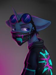 Size: 1200x1600 | Tagged: safe, artist:falafeljake, oc, oc only, oc:flint, pony, unicorn, blue eyes, bust, clothes, commission, ear fluff, goggles, mask, solo, ych result