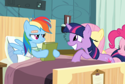 Size: 1073x715 | Tagged: safe, screencap, fluttershy, pinkie pie, rainbow dash, twilight sparkle, earth pony, pegasus, pony, unicorn, g4, read it and weep, bandage, bed, book, cropped, cute, eyes closed, female, grin, hospital, looking at each other, mare, rainbow dash is not amused, smiling, teeth, twiabetes, unamused, unicorn twilight
