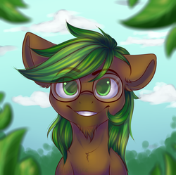 Size: 1200x1197 | Tagged: safe, artist:falafeljake, oc, oc only, oc:jaeger sylva, earth pony, pony, brown coat, bust, cloud, commission, ear fluff, facial hair, glasses, goatee, green eyes, green mane, looking at you, male, portrait, smiling, solo, stallion, ych result