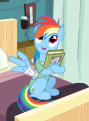 Size: 544x736 | Tagged: safe, screencap, rainbow dash, pegasus, pony, g4, read it and weep, bandage, bed, book, cropped, cute, dashabetes, female, hospital gown, hug, mare, open mouth, sitting, smiling, solo, spread wings, wings