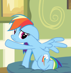 Size: 906x938 | Tagged: safe, screencap, rainbow dash, pegasus, pony, g4, read it and weep, cropped, cute, female, floppy ears, mare, pillow, raised hoof, sad, sadorable, sitting, solo, spread wings, wings