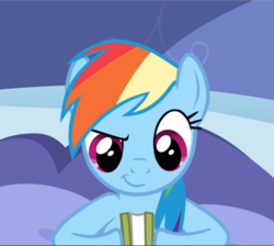 Size: 1050x940 | Tagged: safe, screencap, rainbow dash, pegasus, pony, g4, read it and weep, book, cropped, female, holding, mare, smiling, solo
