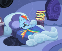 Size: 841x704 | Tagged: safe, screencap, rainbow dash, pegasus, pony, g4, read it and weep, bedroom, book, cropped, cute, dashabetes, excited, eyes closed, female, lying on bed, mare, open mouth, rainbow dash's bedroom, smiling, solo