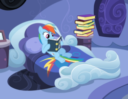 Size: 841x654 | Tagged: safe, screencap, rainbow dash, pegasus, pony, g4, read it and weep, bed, bedroom, book, cropped, female, lying on bed, mare, rainbow dash's bedroom, reading, solo