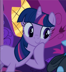 Size: 866x940 | Tagged: safe, screencap, rainbow dash, twilight sparkle, pegasus, pony, unicorn, g4, read it and weep, cropped, cute, female, golden oaks library, hoof on chin, mare, offscreen character, raised hoof, smiling, solo focus, twiabetes, unicorn twilight