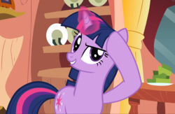 Size: 1440x938 | Tagged: safe, screencap, twilight sparkle, pony, unicorn, g4, read it and weep, cropped, female, glowing horn, golden oaks library, hoof on head, horn, raised eyebrow, smiling, solo, unicorn twilight