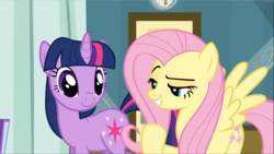 Size: 1668x939 | Tagged: safe, screencap, fluttershy, twilight sparkle, pegasus, pony, unicorn, g4, read it and weep, cropped, duo, female, mare, raised eyebrow, raised hoof, smiling, smug, spread wings, unicorn twilight, wings