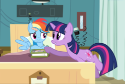 Size: 1388x938 | Tagged: safe, screencap, rainbow dash, twilight sparkle, pegasus, pony, unicorn, g4, read it and weep, bandage, bed, book, cropped, duo, female, hospital, looking at each other, lying down, mare, raised hoof, unicorn twilight