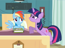 Size: 1278x938 | Tagged: safe, screencap, rainbow dash, twilight sparkle, pegasus, pony, unicorn, g4, read it and weep, bandage, bed, book, cropped, duo, female, hospital, leaning, looking at each other, lying down, mare, raised hoof, smiling, smirk, unicorn twilight