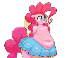 Size: 2374x1906 | Tagged: safe, artist:hattsy-nsfw, pinkie pie, earth pony, pony, semi-anthro, g4, belly button, chubby, clothes, fat, female, mare, obese, panties, pudgy pie, simple background, skirt, smiling, socks, thigh highs, tongue out, underwear, wide hips