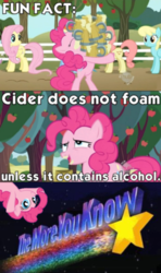 Size: 280x474 | Tagged: safe, edit, edited screencap, screencap, fluttershy, pinkie pie, earth pony, pegasus, pony, g4, the super speedy cider squeezy 6000, alcohol, apple tree, bipedal, caption, cider, hard cider, image macro, meme, tankard, text, the more you know, tree