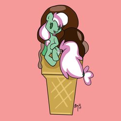 Size: 1200x1200 | Tagged: safe, artist:amynewblue, minty, pony, g3, beady eyes, female, food, ice cream, micro, open mouth, pink background, ponies in food, simple background, sitting, solo