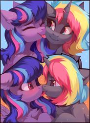 Size: 1840x2504 | Tagged: safe, artist:share dast, oc, oc only, oc:musa glow, oc:star climber, pegasus, pony, unicorn, 2 panel comic, blushing, boop, chest fluff, comic, cute, ear fluff, female, freckles, french kiss, high res, kissing, lesbian, licking, mare, noseboop, oc x oc, ocbetes, rainbow hair, shipping, surprise kiss, tongue out