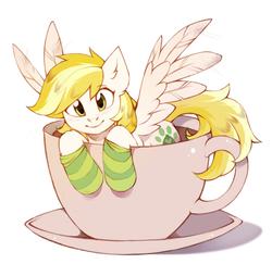 Size: 2821x2741 | Tagged: safe, artist:share dast, oc, oc only, oc:dandelion blossom, pegasus, pony, clothes, coffee, cup, cup of pony, female, high res, mare, micro, socks, solo, striped socks