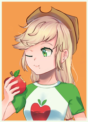 Size: 867x1200 | Tagged: safe, artist:sene2002, applejack, human, equestria girls, g4, anime style, apple, bust, cute, eating, female, food, humanized, jackabetes, one eye closed, orange background, simple background, solo